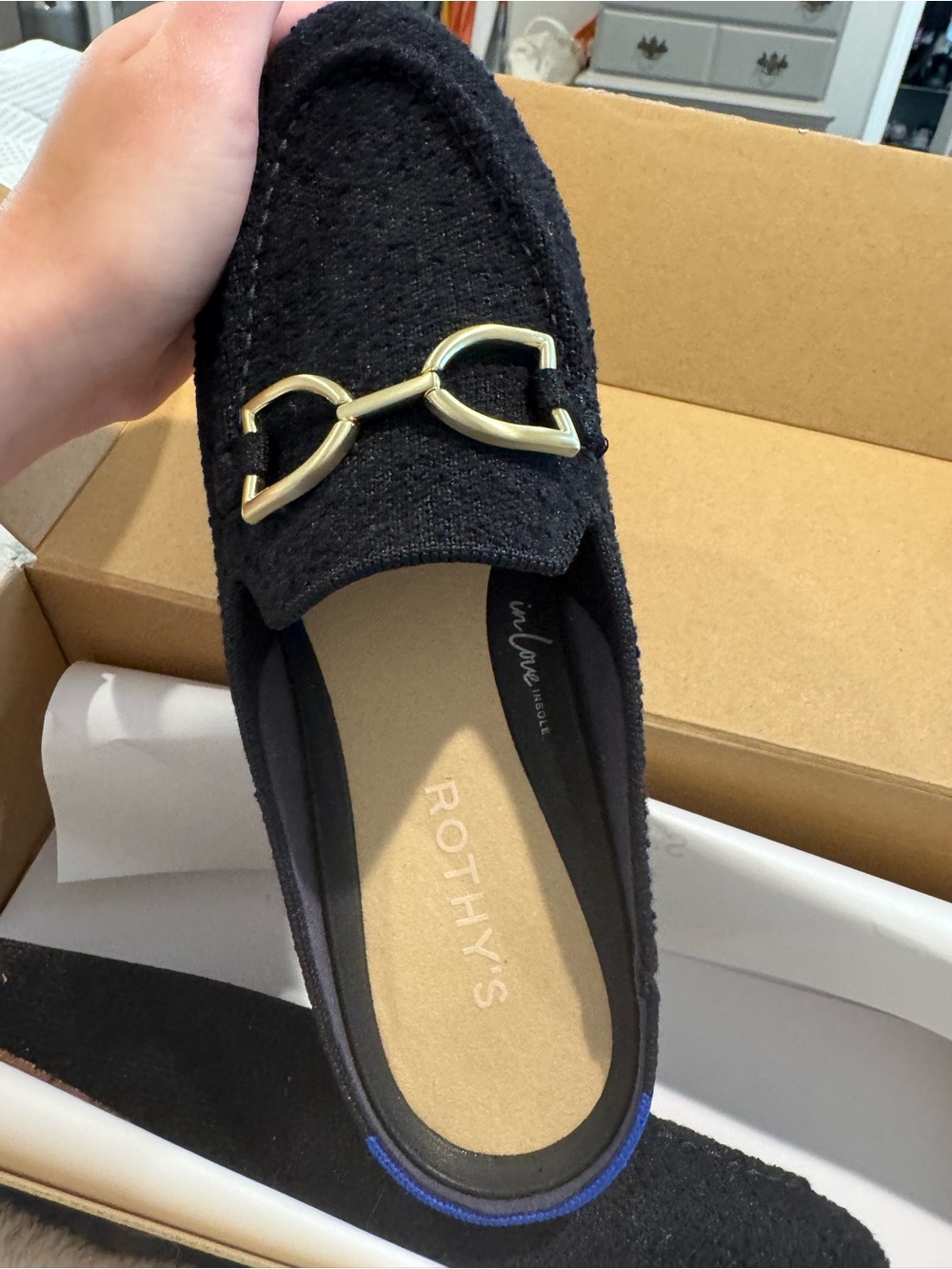 Rothy's Black Knit Loafer with Gold Bit Accent
